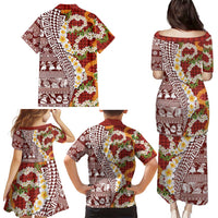 Hawaiian Plumeria Lei Family Matching Puletasi and Hawaiian Shirt Kakau Motifs and Palaka Half Style Red Color LT03 - Polynesian Pride