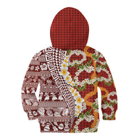 Hawaiian Plumeria Lei Kid Hoodie Kakau Motifs and Palaka Half Style Red Color - Polynesian Pride