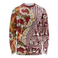 Hawaiian Plumeria Lei Long Sleeve Shirt Kakau Motifs and Palaka Half Style Red Color LT03 Unisex Red - Polynesian Pride