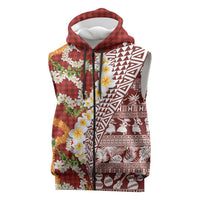 Hawaiian Plumeria Lei Sleeveless Zip Hoodie Kakau Motifs and Palaka Half Style Red Color LT03 Red - Polynesian Pride