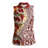 Hawaiian Plumeria Lei Women Sleeveless Polo Shirt Kakau Motifs and Palaka Half Style Red Color LT03 Female Red - Polynesian Pride