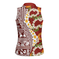 Hawaiian Plumeria Lei Women Sleeveless Polo Shirt Kakau Motifs and Palaka Half Style Red Color LT03 - Polynesian Pride
