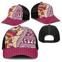 Hawaiian Plumeria Lei Baseball Net Cap Kakau Motifs and Palaka Half Style Pink Color - Polynesian Pride