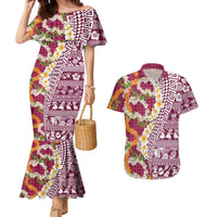 Hawaiian Plumeria Lei Couples Matching Mermaid Dress and Hawaiian Shirt Kakau Motifs and Palaka Half Style Pink Color LT03 Pink - Polynesian Pride