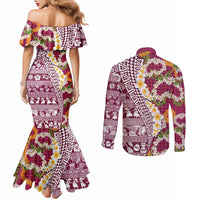 Hawaiian Plumeria Lei Couples Matching Mermaid Dress and Long Sleeve Button Shirt Kakau Motifs and Palaka Half Style Pink Color LT03 - Polynesian Pride