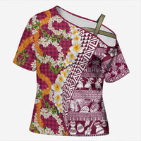 Hawaiian Plumeria Lei Cross Shoulder Shirt Kakau Motifs and Palaka Half Style Pink Color - Polynesian Pride