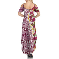 Hawaiian Plumeria Lei Family Matching Summer Maxi Dress and Hawaiian Shirt Kakau Motifs and Palaka Half Style Pink Color LT03 - Polynesian Pride