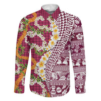 Hawaiian Plumeria Lei Family Matching Tank Maxi Dress and Hawaiian Shirt Kakau Motifs and Palaka Half Style Pink Color LT03 Dad's Shirt - Long Sleeve Pink - Polynesian Pride