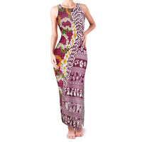 Hawaiian Plumeria Lei Family Matching Tank Maxi Dress and Hawaiian Shirt Kakau Motifs and Palaka Half Style Pink Color LT03 Mom's Dress Pink - Polynesian Pride