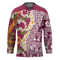 Hawaiian Plumeria Lei Hockey Jersey Kakau Motifs and Palaka Half Style Pink Color - Polynesian Pride