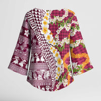 Hawaiian Plumeria Lei Kimono Sleeve Blouse Kakau Motifs and Palaka Half Style Pink Color - Polynesian Pride
