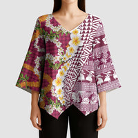 Hawaiian Plumeria Lei Kimono Sleeve Blouse Kakau Motifs and Palaka Half Style Pink Color - Polynesian Pride