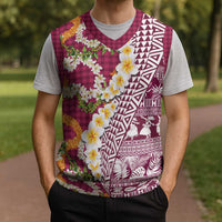 Hawaiian Plumeria Lei Christmas Knitted V-Neck Vest Kakau Motifs and Palaka Half Style Pink Color LT03 - Polynesian Pride