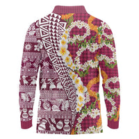 Hawaiian Plumeria Lei Long Sleeve Polo Shirt Kakau Motifs and Palaka Half Style Pink Color LT03 - Polynesian Pride
