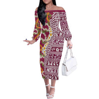 Hawaiian Plumeria Lei Off The Shoulder Long Sleeve Dress Kakau Motifs and Palaka Half Style Pink Color LT03 Women Pink - Polynesian Pride
