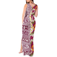 Hawaiian Plumeria Lei Tank Maxi Dress Kakau Motifs and Palaka Half Style Pink Color - Polynesian Pride