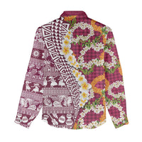 Hawaiian Plumeria Lei Women Casual Shirt Kakau Motifs and Palaka Half Style Pink Color LT03 - Polynesian Pride