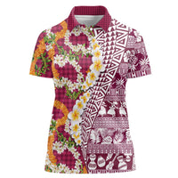 Hawaiian Plumeria Lei Women Polo Shirt Kakau Motifs and Palaka Half Style Pink Color LT03 Female Pink - Polynesian Pride