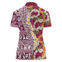 Hawaiian Plumeria Lei Women Polo Shirt Kakau Motifs and Palaka Half Style Pink Color LT03 - Polynesian Pride