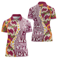 Hawaiian Plumeria Lei Women Polo Shirt Kakau Motifs and Palaka Half Style Pink Color LT03 - Polynesian Pride