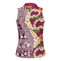 Hawaiian Plumeria Lei Women Sleeveless Polo Shirt Kakau Motifs and Palaka Half Style Pink Color LT03 - Polynesian Pride