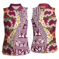 Hawaiian Plumeria Lei Women Sleeveless Polo Shirt Kakau Motifs and Palaka Half Style Pink Color LT03 - Polynesian Pride