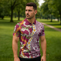 Hawaiian Plumeria Lei Zipper Polo Shirt Kakau Motifs and Palaka Half Style Pink Color LT03 - Polynesian Pride