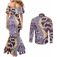 Hawaiian Plumeria Lei Couples Matching Mermaid Dress and Long Sleeve Button Shirt Kakau Motifs and Palaka Half Style Purple Color LT03 - Polynesian Pride