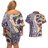 Hawaiian Plumeria Lei Couples Matching Off Shoulder Short Dress and Hawaiian Shirt Kakau Motifs and Palaka Half Style Purple Color LT03 - Polynesian Pride