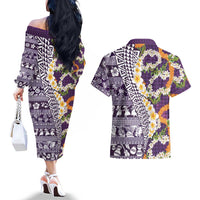 Hawaiian Plumeria Lei Couples Matching Off The Shoulder Long Sleeve Dress and Hawaiian Shirt Kakau Motifs and Palaka Half Style Purple Color LT03 - Polynesian Pride