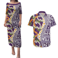 Hawaiian Plumeria Lei Couples Matching Puletasi and Hawaiian Shirt Kakau Motifs and Palaka Half Style Purple Color LT03 Purple - Polynesian Pride