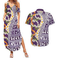 Hawaiian Plumeria Lei Couples Matching Summer Maxi Dress and Hawaiian Shirt Kakau Motifs and Palaka Half Style Purple Color LT03 Purple - Polynesian Pride