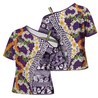 Hawaiian Plumeria Lei Cross Shoulder Shirt Kakau Motifs and Palaka Half Style Purple Color - Polynesian Pride