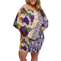 Hawaiian Plumeria Lei Family Matching Off Shoulder Short Dress and Hawaiian Shirt Kakau Motifs and Palaka Half Style Purple Color LT03 Mom's Dress Purple - Polynesian Pride