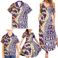 Hawaiian Plumeria Lei Family Matching Summer Maxi Dress and Hawaiian Shirt Kakau Motifs and Palaka Half Style Purple Color LT03 - Polynesian Pride