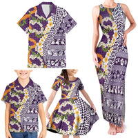 Hawaiian Plumeria Lei Family Matching Tank Maxi Dress and Hawaiian Shirt Kakau Motifs and Palaka Half Style Purple Color LT03 - Polynesian Pride