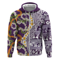 Hawaiian Plumeria Lei Hoodie Kakau Motifs and Palaka Half Style Purple Color LT03 Zip Hoodie Purple - Polynesian Pride