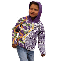 Hawaiian Plumeria Lei Kid Hoodie Kakau Motifs and Palaka Half Style Purple Color LT03 - Polynesian Pride