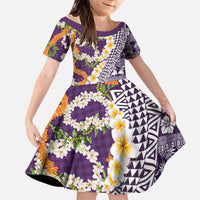 Hawaiian Plumeria Lei Kid Short Sleeve Dress Kakau Motifs and Palaka Half Style Purple Color LT03 KID Purple - Polynesian Pride