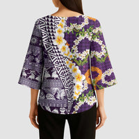 Hawaiian Plumeria Lei Kimono Sleeve Blouse Kakau Motifs and Palaka Half Style Purple Color LT03 - Polynesian Pride