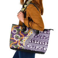Hawaiian Plumeria Lei Leather Tote Bag Kakau Motifs and Palaka Half Style Purple Color - Polynesian Pride