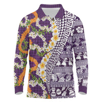 Hawaiian Plumeria Lei Long Sleeve Polo Shirt Kakau Motifs and Palaka Half Style Purple Color LT03 Purple - Polynesian Pride