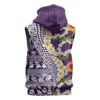 Hawaiian Plumeria Lei Sleeveless Hoodie Kakau Motifs and Palaka Half Style Purple Color LT03 - Polynesian Pride