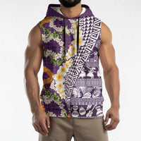 Hawaiian Plumeria Lei Sleeveless Hoodie Kakau Motifs and Palaka Half Style Purple Color LT03 - Polynesian Pride