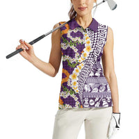 Hawaiian Plumeria Lei Women Sleeveless Polo Shirt Kakau Motifs and Palaka Half Style Purple Color LT03 - Polynesian Pride