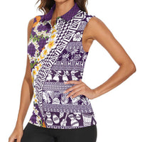 Hawaiian Plumeria Lei Women Sleeveless Polo Shirt Kakau Motifs and Palaka Half Style Purple Color LT03 - Polynesian Pride