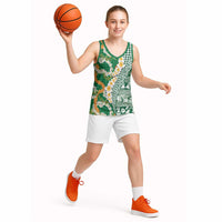 Hawaiian Plumeria Lei Basketball Jersey Kakau Motifs and Palaka Half Style Green Color LT03 - Polynesian Pride