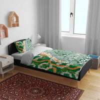 Hawaiian Plumeria Lei Bedding Set Kakau Motifs and Palaka Half Style Green Color - Polynesian Pride