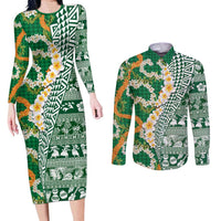 Hawaiian Plumeria Lei Couples Matching Long Sleeve Bodycon Dress and Long Sleeve Button Shirt Kakau Motifs and Palaka Half Style Green Color LT03 Green - Polynesian Pride