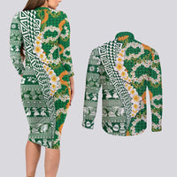 Hawaiian Plumeria Lei Couples Matching Long Sleeve Bodycon Dress and Long Sleeve Button Shirt Kakau Motifs and Palaka Half Style Green Color LT03 - Polynesian Pride